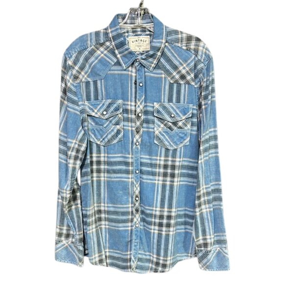 BKE Vintage Washed Blue Plaid Pearl Snap Flannel Shirt, Western Styling, Men's M - Picture 1 of 10